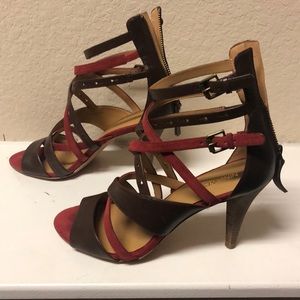 Brown leather and red suede strappy sandals